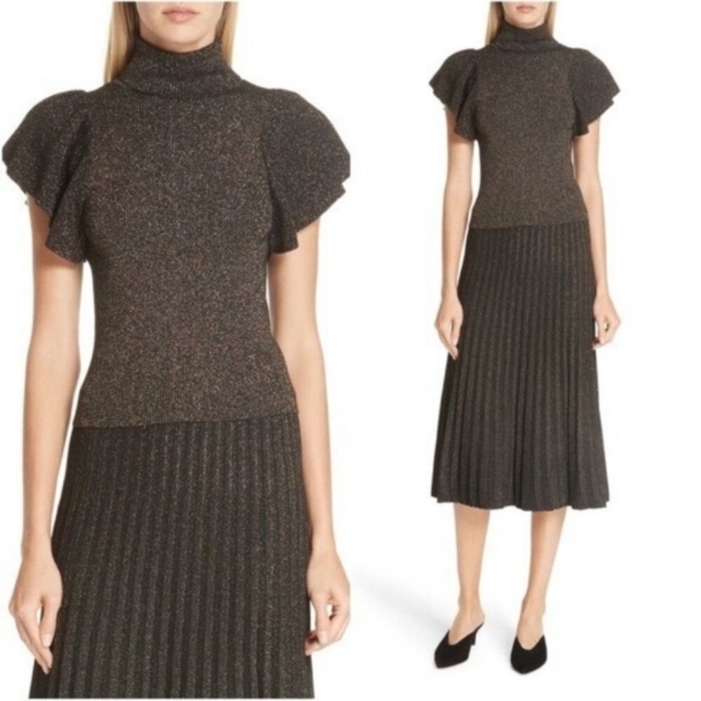 A.L.C. Minka Metallic Rib Knit Top Flutter Sleeve in Black Gold Sz S - Picture 9 of 10